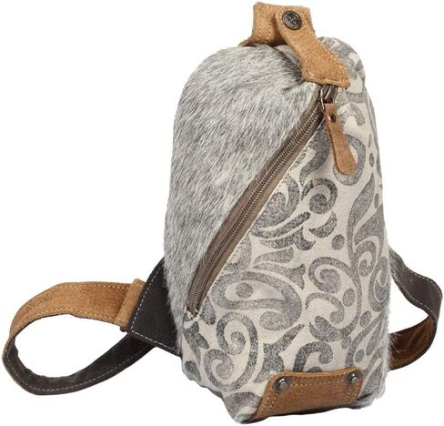 Myra Bag Top Zipper Upcycled Canvas & Cowhide Fanny Pack S-1300, Brown, Size 8.0 in Saudi Arabia