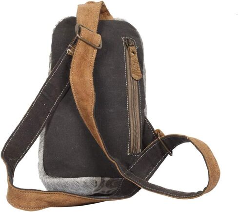 Myra Bag Top Zipper Upcycled Canvas & Cowhide Fanny Pack S-1300, Brown, Size 8.0 in Saudi Arabia