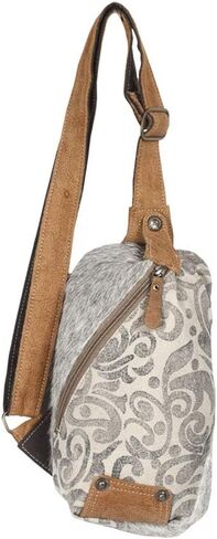 Myra Bag Top Zipper Upcycled Canvas & Cowhide Fanny Pack S-1300, Brown, Size 8.0 in Saudi Arabia