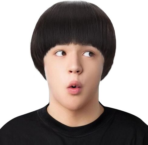 Anogol Hair Cap + Short Black Bowl Cut Wig Mushroom Wigs with Bangs for Men Boys Women Funny Wigs for Movie Halloween Cosplay Costume Party in Saudi Arabia