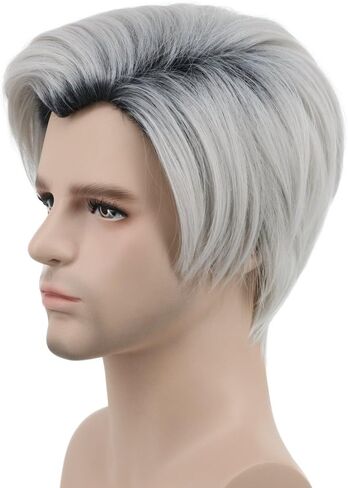 karlery Mens Short Straight Dark Root White Wig Two Tone Halloween Costume Cosplay Wig in Saudi Arabia