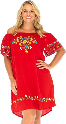 فستان باك فروم بالي للسيدات مطرز مكسيكي مقاس كبير لباس السباحة بوهو تونيك يغطي الكاجوال القصير والزهور رايون in Kuwait