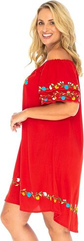 فستان باك فروم بالي للسيدات مطرز مكسيكي مقاس كبير لباس السباحة بوهو تونيك يغطي الكاجوال القصير والزهور رايون in Kuwait