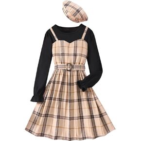 Kidsmian Kids Little Girls Ruffle Long Sleeve Solid Knit Top and Plaid Belted A-line Pleated Skirt with Hat in Saudi Arabia