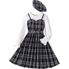 Kidsmian Kids Little Girls Ruffle Long Sleeve Solid Knit Top and Plaid Belted A-line Pleated Skirt with Hat