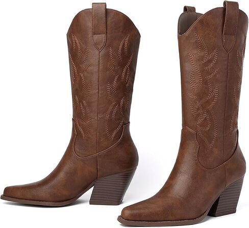 Mostrin Cowgirl Cowboy Boots Square Toe Mid-Calf Boot Chunky Block Heeled Pull On Western Boot in Saudi Arabia