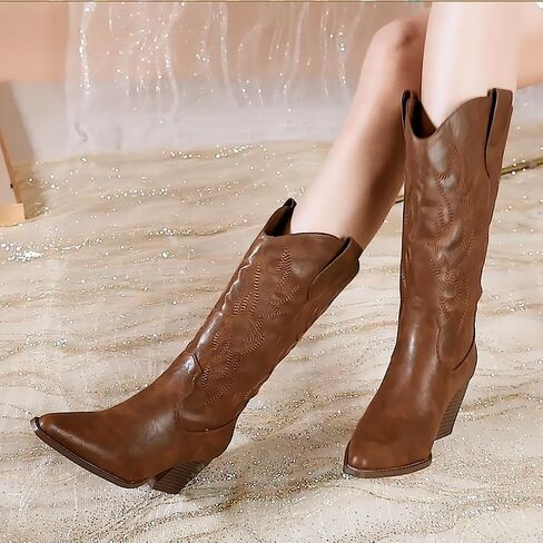 Mostrin Cowgirl Cowboy Boots Square Toe Mid-Calf Boot Chunky Block Heeled Pull On Western Boot in Saudi Arabia