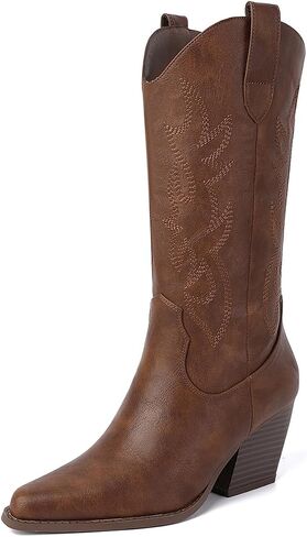 Mostrin Cowgirl Cowboy Boots Square Toe Mid-Calf Boot Chunky Block Heeled Pull On Western Boot in Saudi Arabia