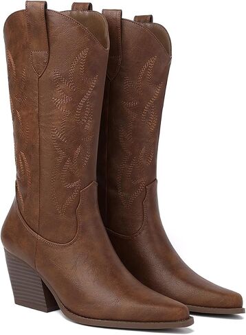 Mostrin Cowgirl Cowboy Boots Square Toe Mid-Calf Boot Chunky Block Heeled Pull On Western Boot in Saudi Arabia