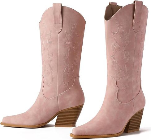Mostrin Cowgirl Cowboy Boots Square Toe Mid-Calf Boot Chunky Block Heeled Pull On Western Boot in Saudi Arabia