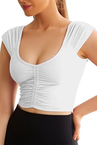 Women Workout Tops Sleeveless Yoga Longline Sports Bra Cutout Short Sleeve Crop Tank Top Gym Running Athletic Shirt U-Back in Saudi Arabia