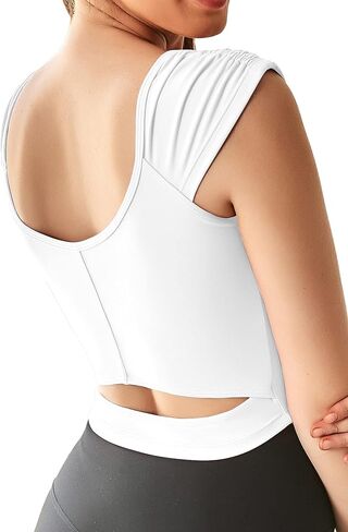 Women Workout Tops Sleeveless Yoga Longline Sports Bra Cutout Short Sleeve Crop Tank Top Gym Running Athletic Shirt U-Back in Saudi Arabia