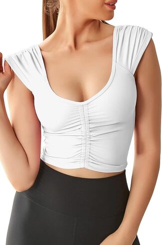 Women Workout Tops Sleeveless Yoga Longline Sports Bra Cutout Short Sleeve Crop Tank Top Gym Running Athletic Shirt U-Back in Saudi Arabia