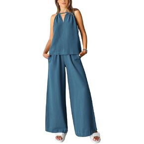BTFBM Women's Casual Summer Two Piece Outfits Cotton Linen Sets Cutout Halter Sleeveless Top Wide Leg Pants Matching Set