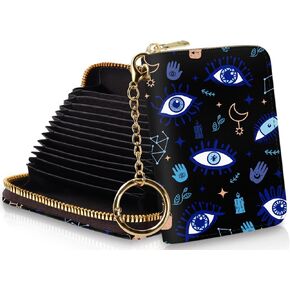 Yonlevres Evil Eyes Credit Card Holder Wallet Women, Small RFID Card Holder Wallet for Women with Keychain Zipper, Leather Mini RFID Blocking Wallets Card Case Accordion Gift in Kuwait