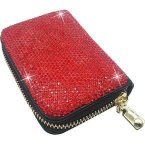 Owemtao Bling Credit Card Case RFID Leather Wallet Multilayer Zipper Case Rhinestone Credit Card Holder Women's Small Credit Card Wallet (Silver)