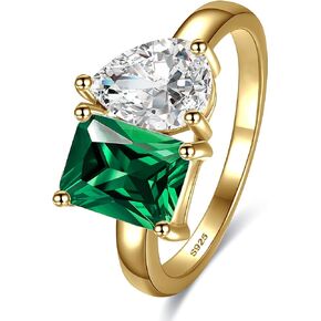 BONLAVIEGEM Toi Et Moi Ring 925 Sterling Silver Women Engagement Ring White Gold Plated 1.5ct 6x8mm Double Stone Ring Emerald & Pear Cut Cubic Zirconia Wedding Band Width Band 2mm Size 5-9