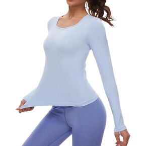 قمصان رياضية لليوجا وأكمام طويلة بدون خياطة للسيدات من SAFEPATH، قمصان رياضية برقبة مربعة وضيقة للجري in Kuwait