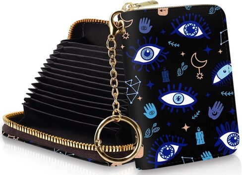 Yonlevres Evil Eyes Credit Card Holder Wallet Women, Small RFID Card Holder Wallet for Women with Keychain Zipper, Leather Mini RFID Blocking Wallets Card Case Accordion Gift in Kuwait