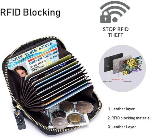 محفظة حامل بطاقات الائتمان بسحاب من Kenpal RFID للنساء، حافظة جلدية لبطاقات الائتمان الأكورديون 12 فتحة (ذهبي وردي) in Kuwait