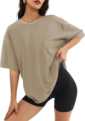 تي شيرت نسائي كبير الحجم من ATHMILE تي شيرت فضفاض مناسب بياقة دائرية وأكمام قصيرة بلوزة صيفية غير رسمية Y2K 2024 تي شيرت أساسي in Kuwait