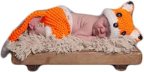 صور حديثي الولادة طفل التصوير شوت الدعائم ملابس كروشيه محبوك لطيف فوكس قبعة السراويل للبنين بنات صورة لقطة بيضاء in Kuwait