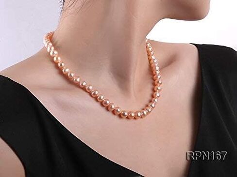 JYX Pearl Strand Necklace AA 8-9mm Natural Round Freshwater Cultured Pink Pearls Necklace 18" in Saudi Arabia