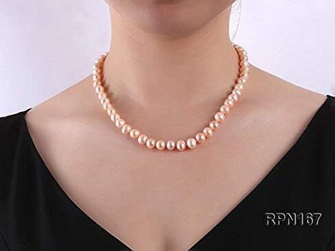 JYX Pearl Strand Necklace AA 8-9mm Natural Round Freshwater Cultured Pink Pearls Necklace 18" in Saudi Arabia