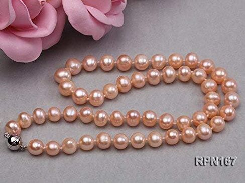 JYX Pearl Strand Necklace AA 8-9mm Natural Round Freshwater Cultured Pink Pearls Necklace 18" in Saudi Arabia