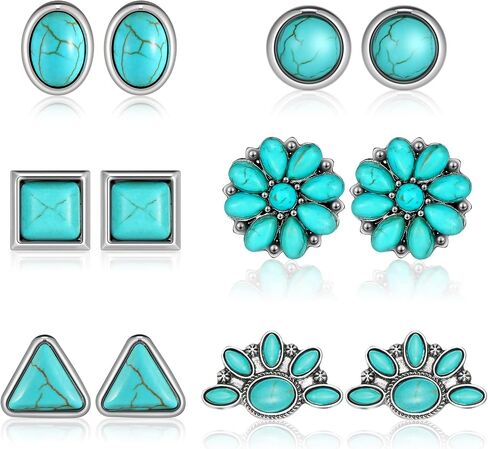 6 Pairs Turquoise Stud Earrings Small Geometric Oval Round Flower Earrings Gemstone Cut Shape Square Studs Turquoise Jewelry in Saudi Arabia