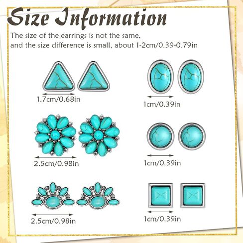 6 Pairs Turquoise Stud Earrings Small Geometric Oval Round Flower Earrings Gemstone Cut Shape Square Studs Turquoise Jewelry in Saudi Arabia