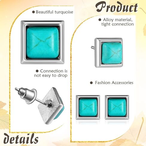 6 Pairs Turquoise Stud Earrings Small Geometric Oval Round Flower Earrings Gemstone Cut Shape Square Studs Turquoise Jewelry in Saudi Arabia