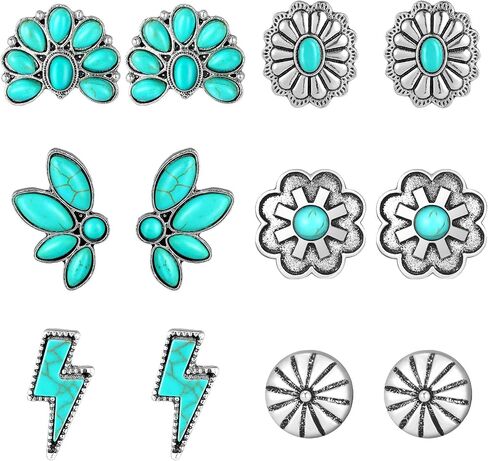 6 Pairs Turquoise Stud Earrings Small Geometric Oval Round Flower Earrings Gemstone Cut Shape Square Studs Turquoise Jewelry in Saudi Arabia