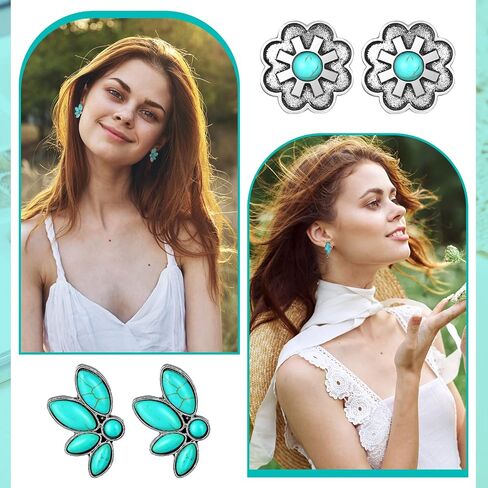 6 Pairs Turquoise Stud Earrings Small Geometric Oval Round Flower Earrings Gemstone Cut Shape Square Studs Turquoise Jewelry in Saudi Arabia