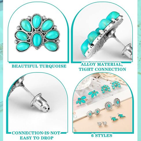 6 Pairs Turquoise Stud Earrings Small Geometric Oval Round Flower Earrings Gemstone Cut Shape Square Studs Turquoise Jewelry in Saudi Arabia