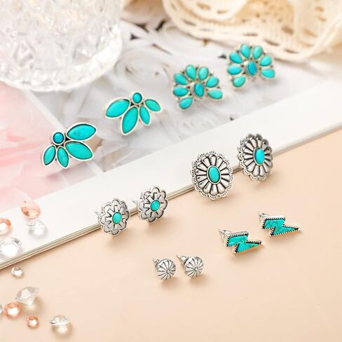 6 Pairs Turquoise Stud Earrings Small Geometric Oval Round Flower Earrings Gemstone Cut Shape Square Studs Turquoise Jewelry in Saudi Arabia