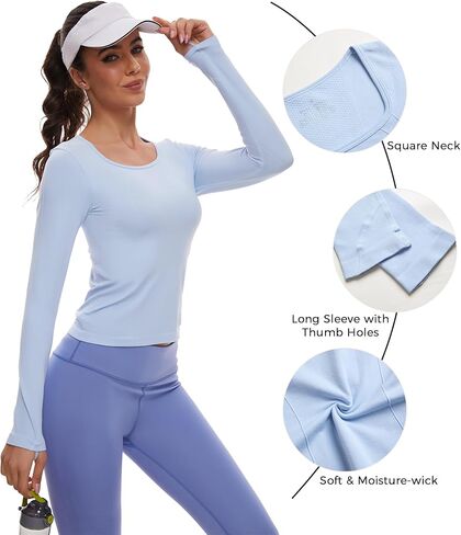 قمصان رياضية لليوجا وأكمام طويلة بدون خياطة للسيدات من SAFEPATH، قمصان رياضية برقبة مربعة وضيقة للجري in Kuwait