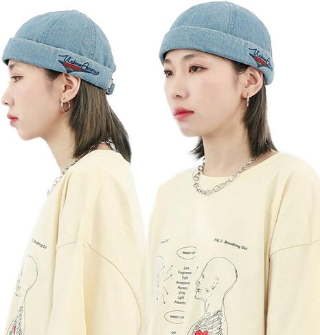 Croogo Denim Docker Hat Fashion Brimless Beanie Hat Retro Worker Skull Cap Rolled Cuff Sailor Cap Hip Hop Dancing Watch Cap in Saudi Arabia