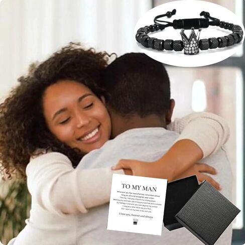 To My Man - Straighten Your Crown Bracelet Gift Set, To My Man Bracelet Adjustable Bead Stainless steel Crown Bracelets Boyfriend Anniversary Birthday Christmas Fathers Gifts for Men in Kuwait