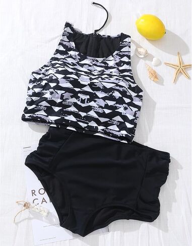 المرأة عالية الخصر مجموعة البكيني قطعتين ملابس السباحة عالية الرقبة المحاصيل القمم ثوب السباحة التغطية الكاملة البطن التحكم Tankini in Kuwait