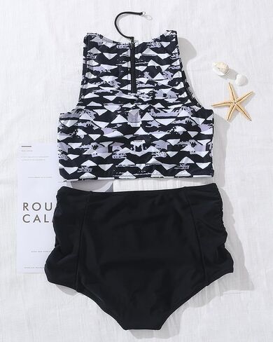 المرأة عالية الخصر مجموعة البكيني قطعتين ملابس السباحة عالية الرقبة المحاصيل القمم ثوب السباحة التغطية الكاملة البطن التحكم Tankini in Kuwait