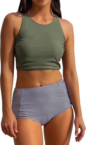 المرأة عالية الخصر مجموعة البكيني قطعتين ملابس السباحة عالية الرقبة المحاصيل القمم ثوب السباحة التغطية الكاملة البطن التحكم Tankini in Kuwait