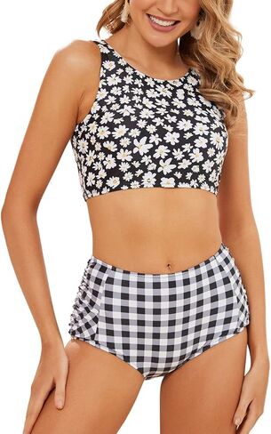 المرأة عالية الخصر مجموعة البكيني قطعتين ملابس السباحة عالية الرقبة المحاصيل القمم ثوب السباحة التغطية الكاملة البطن التحكم Tankini in Kuwait