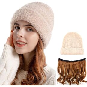 NOOFNO Fall/Winter Beanie for Women,Hat with Hair Attached Wig,Lamb Wool Solid Color Warm Baseball Cap for Outdoor Travel