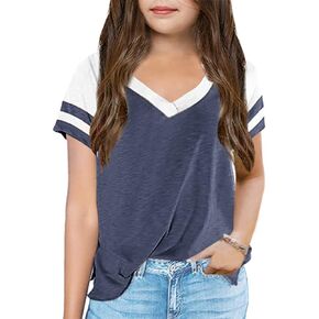 Kids Tops V Neck Short Sleeve Summer Tshirts Girls Color Block Side Split Loose Athletic Tees