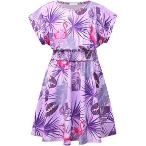 Perfashion Girls Summer Dresses Printed Casual Loose Sundress Smocked Waist Roll-Sleeve