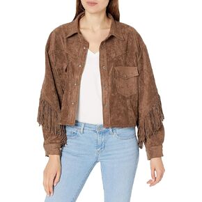 [BLANKNYC] womens Luxury Clothing Faux Suede Fringe Shirt Jacket, Comfortable & Stylish Coat