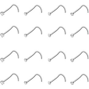 CrazyPiercing 18G Nose Ring Studs, 16 PCS S Shaped Nose Rings Stainless Steel Nose Piercings Thin Nose Rings Flat Top/Spherical/Round/Cubic Crystal Zirconia, Stainless Steel, cubic zirconia in Kuwait
