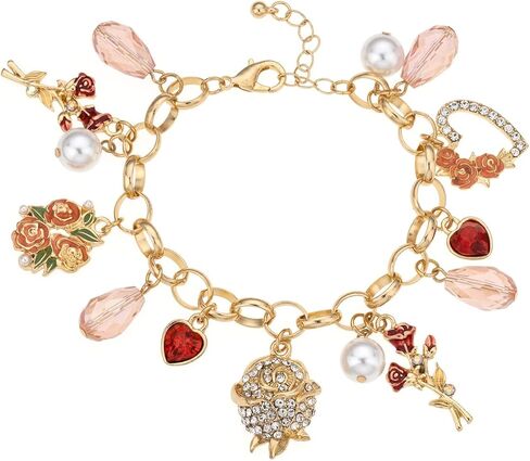 Madison Tyler Valentines Day Charms Gold Plated Rose Bracelet for Women | Pave Rhinestone Heart | Red Rose Imitation Pearl Charms Jewelry for Her | Couples Gifts Valentine's Day in Saudi Arabia