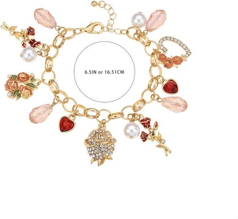 Madison Tyler Valentines Day Charms Gold Plated Rose Bracelet for Women | Pave Rhinestone Heart | Red Rose Imitation Pearl Charms Jewelry for Her | Couples Gifts Valentine's Day in Saudi Arabia